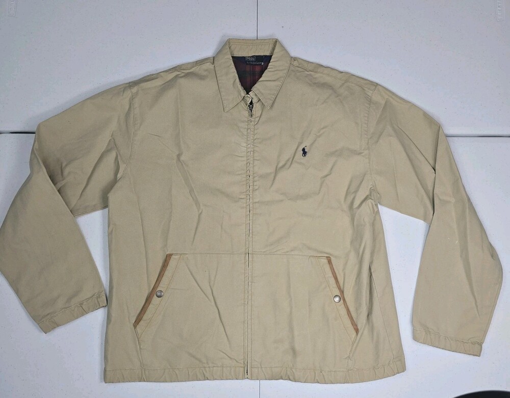 Vintage 90s Polo Ralph Lauren M Harrington Jacket Plaid Collar Leather Pockets